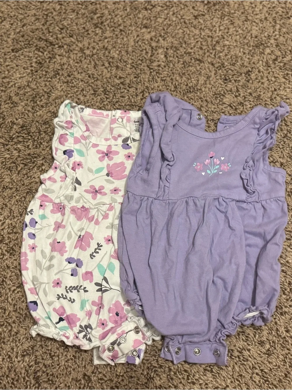 Carter's Lavender Floral & Solid Lavender Baby Romper Set With Sage Green Bow